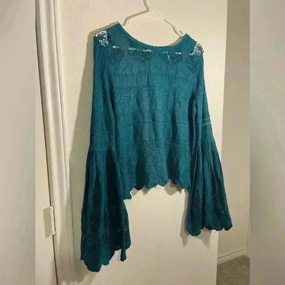 FREE PEOPLE Turquoise Once Upon a Time Linen Blend Knit Bell Sleeve Top Small - Picture 5 of 10